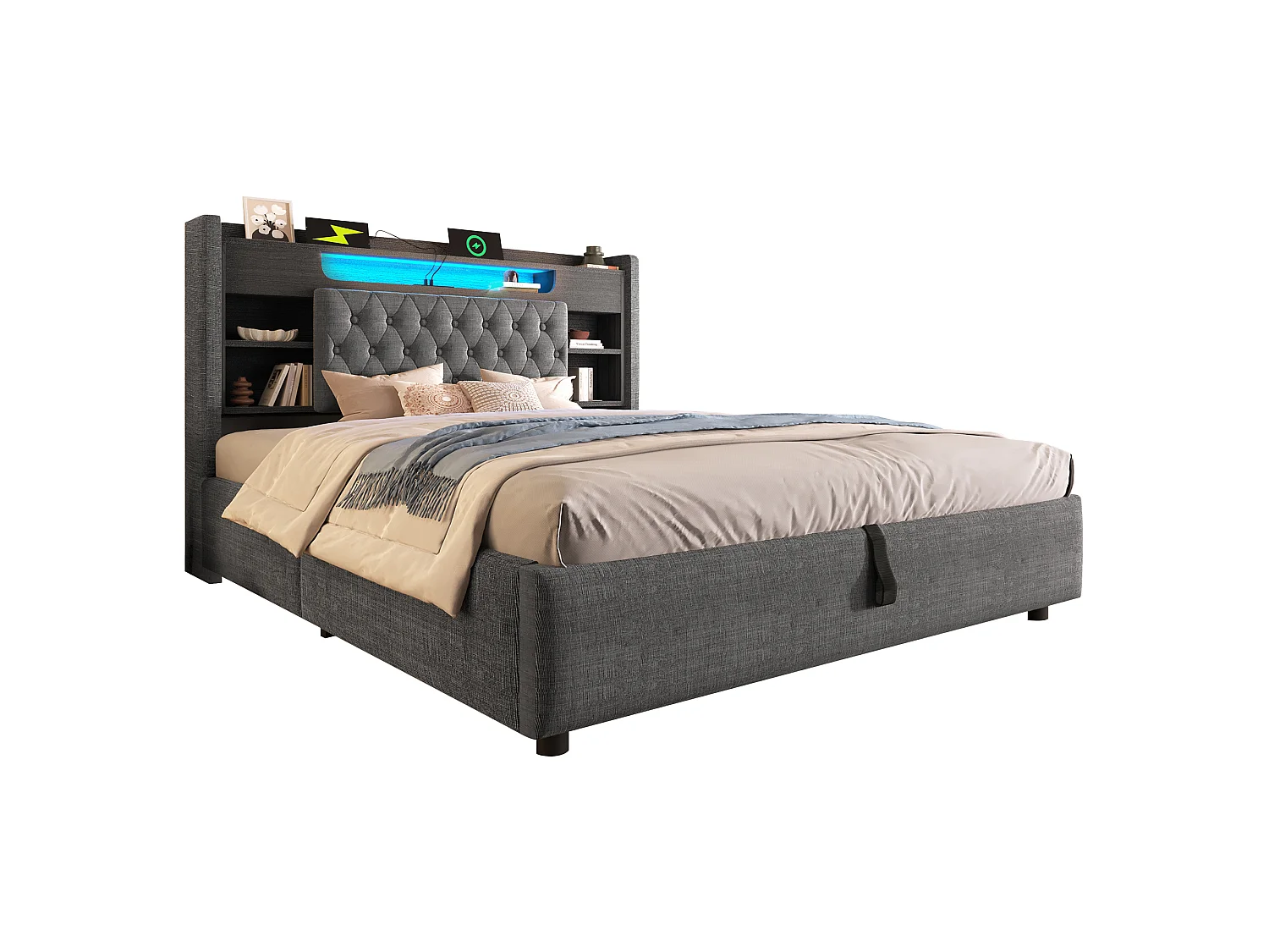 Gepolstertes Stauraumbett 160x200 cm - mit LED - mit USB/Type-C-Ladung - Kopfteil mit Stauraum - Leinenstoff - Grau (ohne Matratze)
