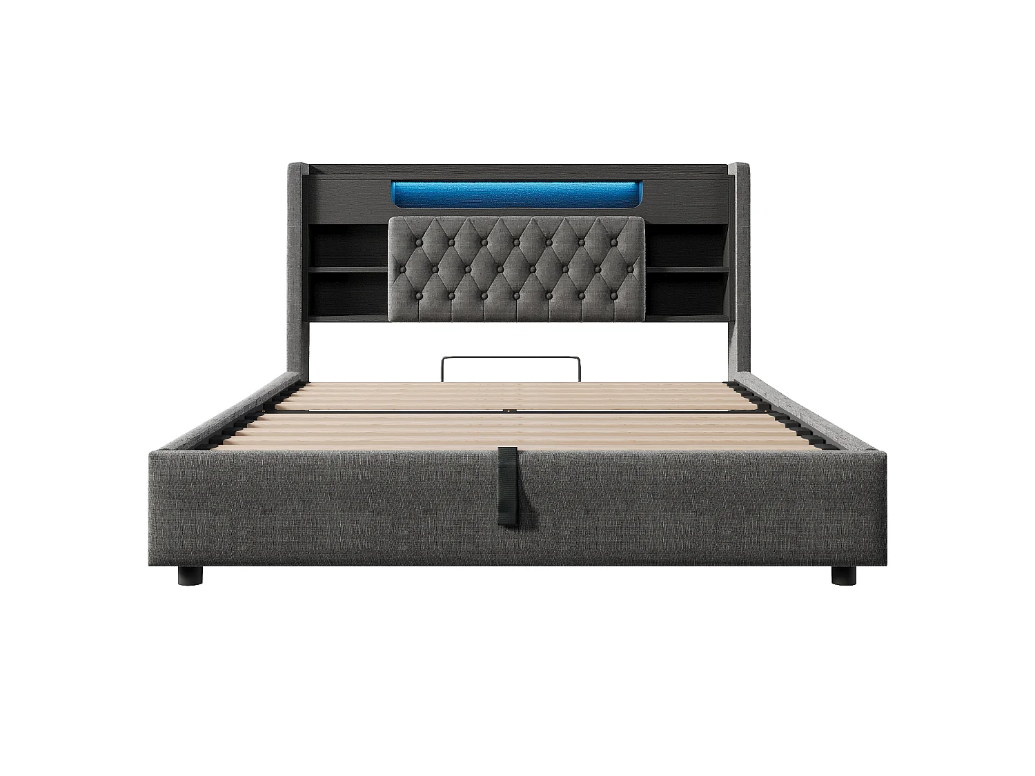 Gepolstertes Stauraumbett 160x200 cm - mit LED - mit USB/Type-C-Ladung - Kopfteil mit Stauraum - Leinenstoff - Grau (ohne Matratze)