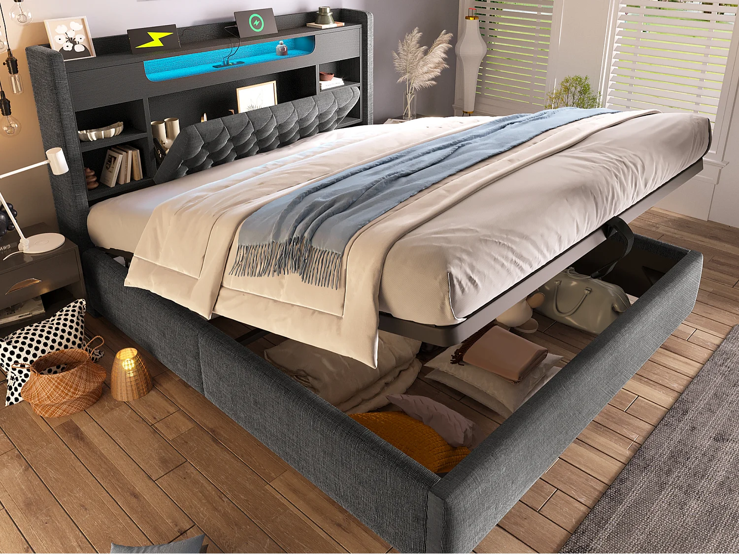 Gepolstertes Stauraumbett 160x200 cm - mit LED - mit USB/Type-C-Ladung - Kopfteil mit Stauraum - Leinenstoff - Grau (ohne Matratze)