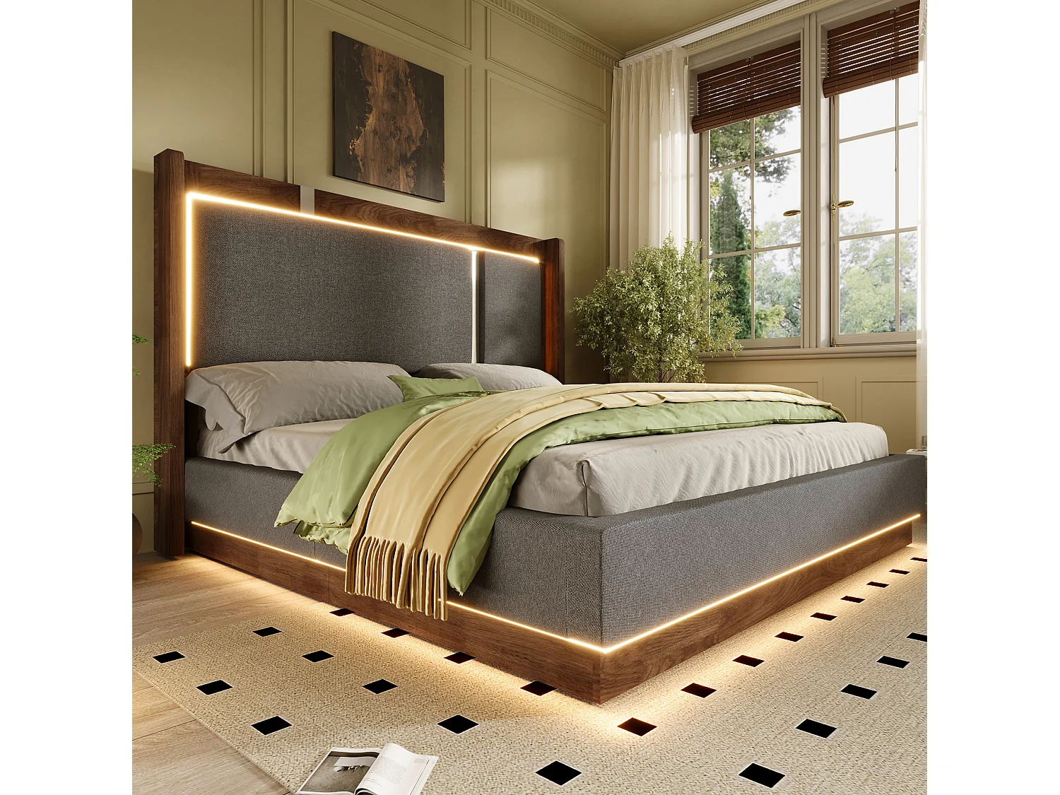 Polsterbett mit Bettkasten 140x200 cm - mit LED-Leuchten - mit Lattenrost - Leinenstoff - Grau und Nussbaumholz (ohne Matratze)