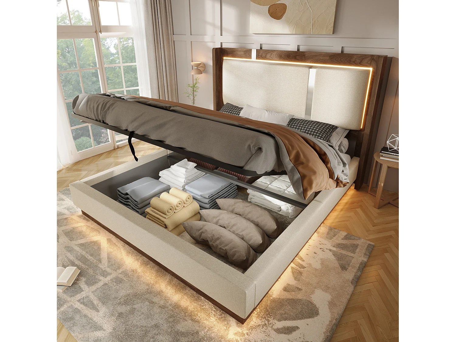 Polsterbett mit Bettkasten 180x200 cm - mit LED-Leuchten - mit Lattenrost - Leinenstoff - Beige und Nussbaumholz (ohne Matratze)