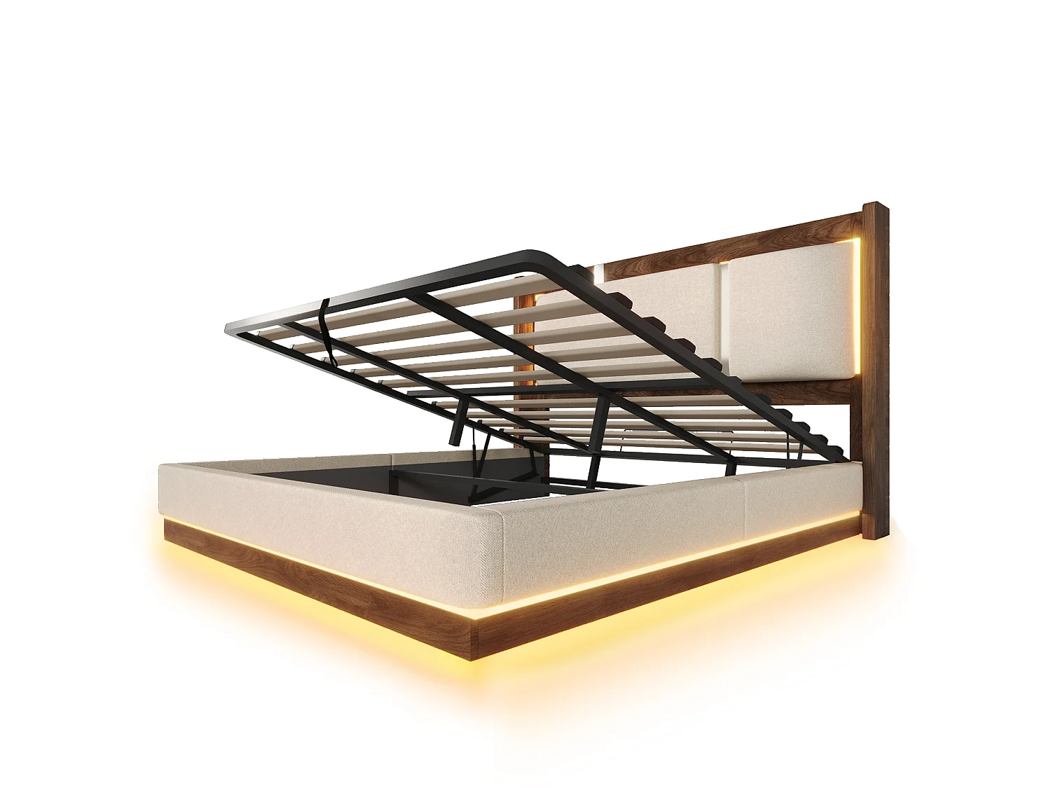 Polsterbett mit Bettkasten 180x200 cm - mit LED-Leuchten - mit Lattenrost - Leinenstoff - Beige und Nussbaumholz (ohne Matratze)