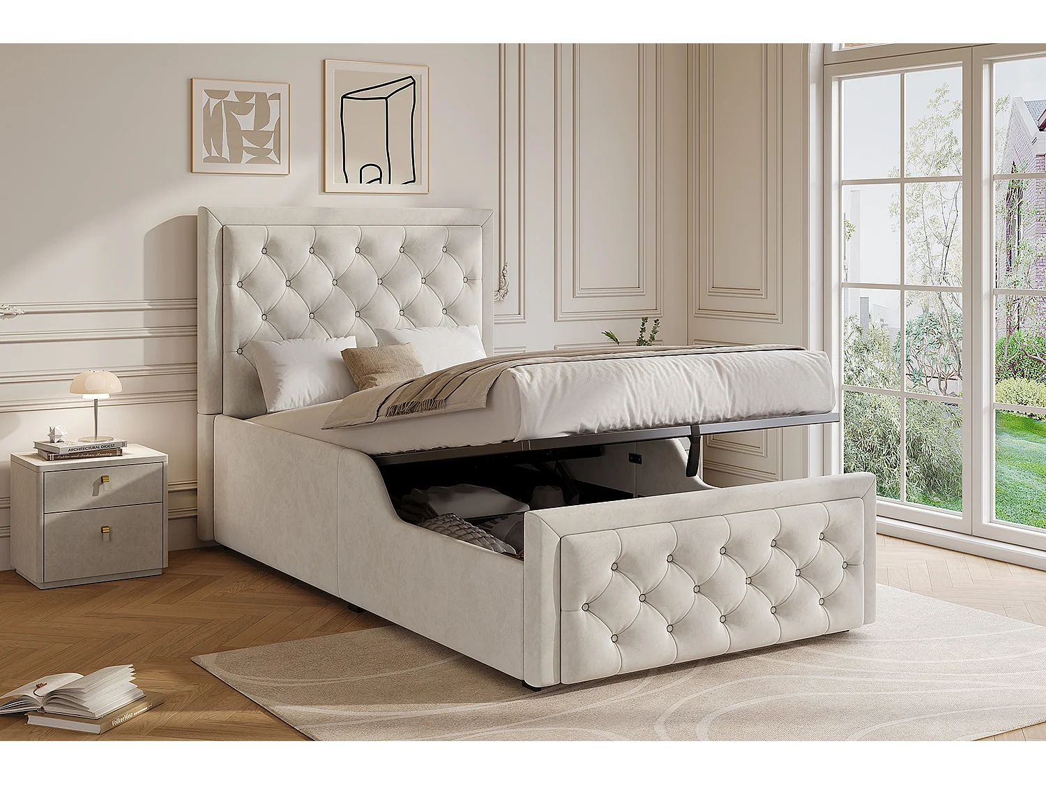 Lit coffre enfant 90 x 200 cm en velours, beige - Conception de bouton