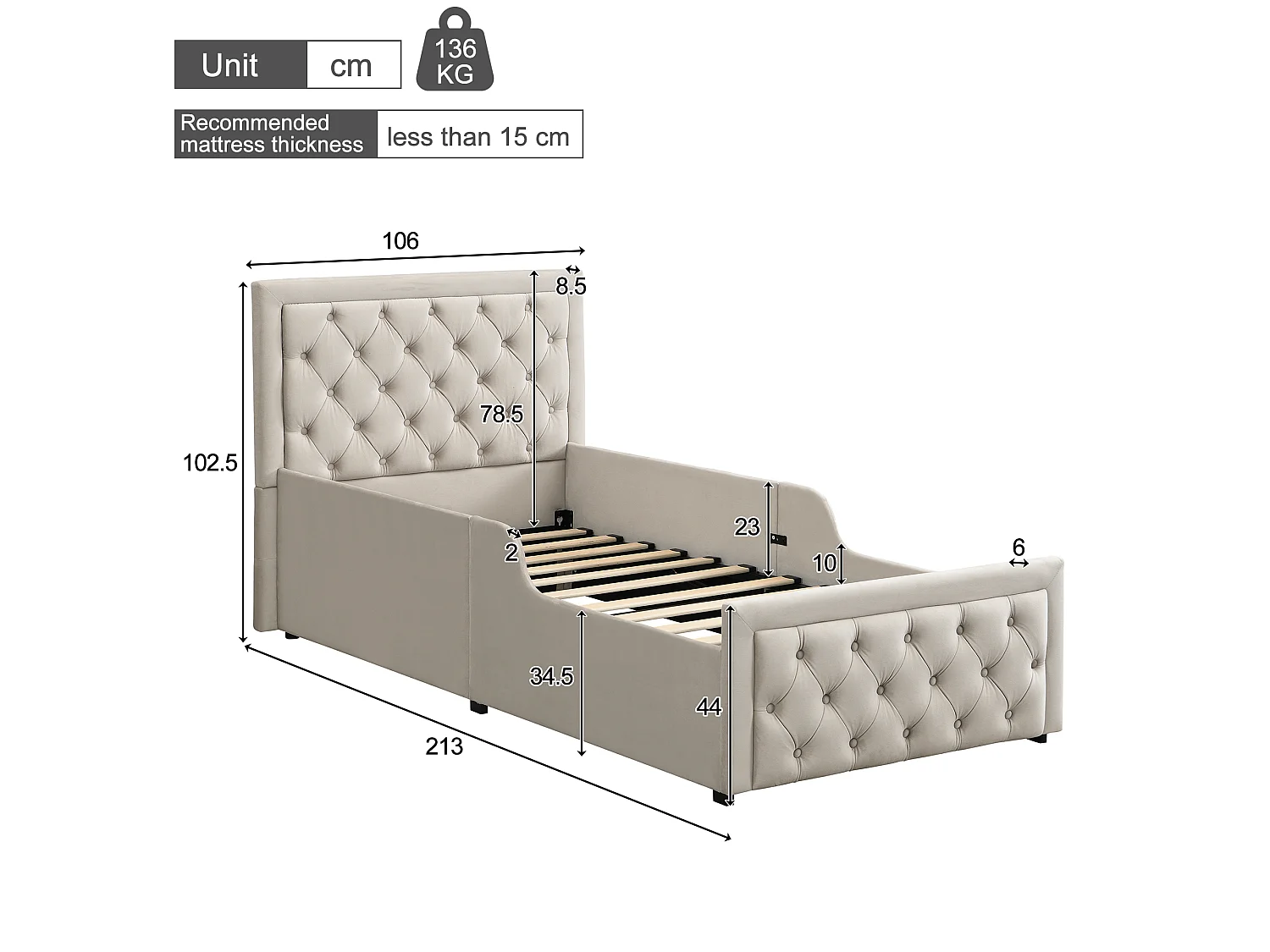 Lit coffre enfant 90 x 200 cm en velours, beige - Conception de bouton