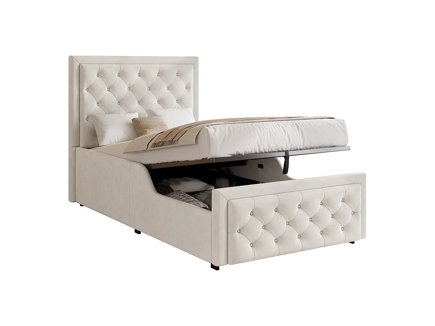 Lit coffre enfant 90 x 200 cm en velours, beige - Conception de bouton