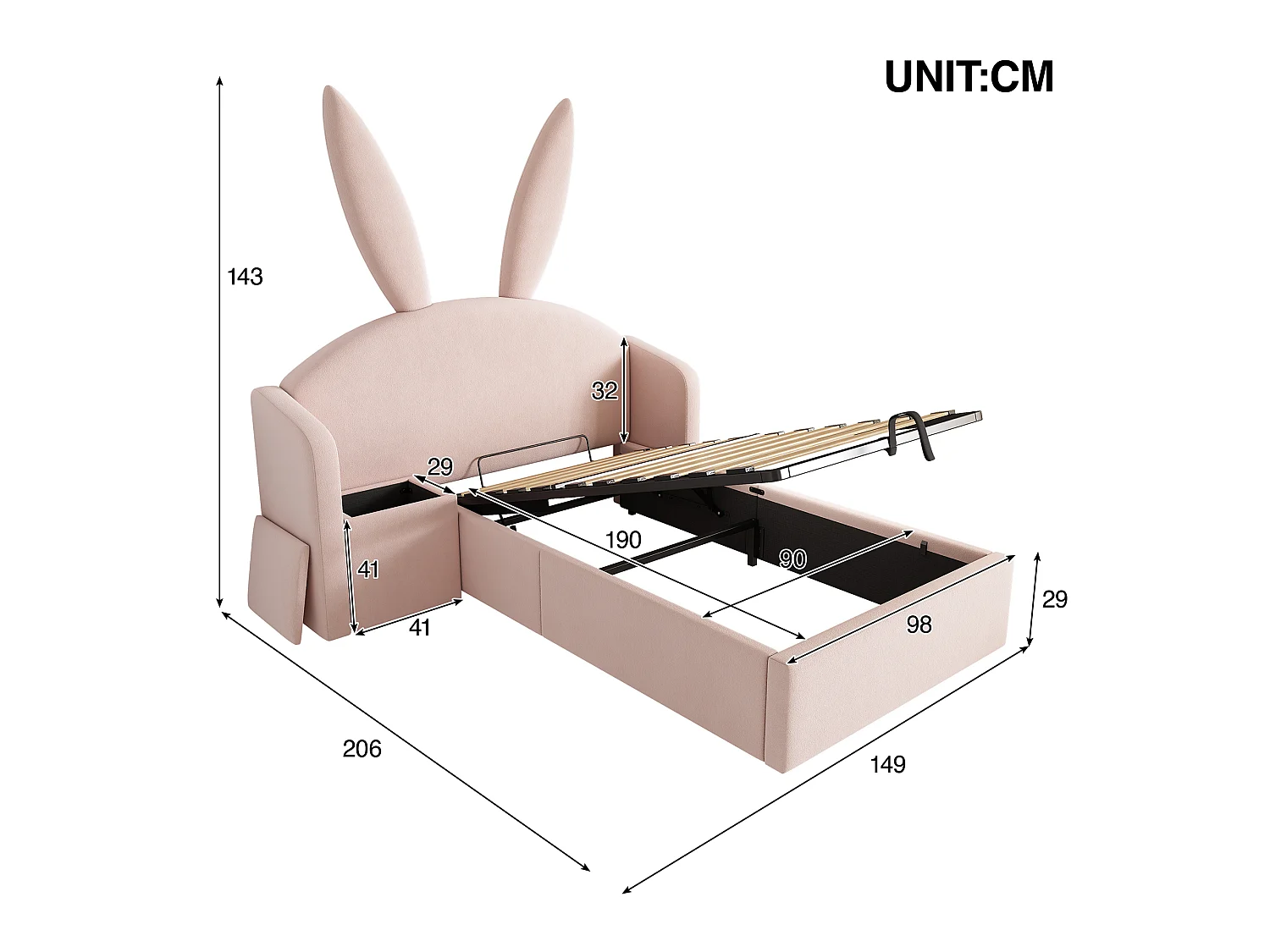 Upholstered storage bed 90x190 cm - with bedside table - rabbit ear headboard - velvet - pink (without mattress)