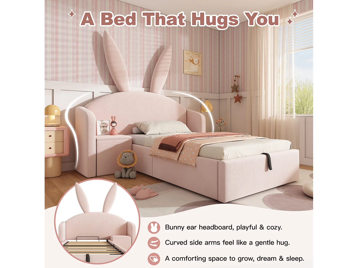 Upholstered storage bed 90x190 cm - with bedside table - rabbit ear headboard - velvet - pink (without mattress)