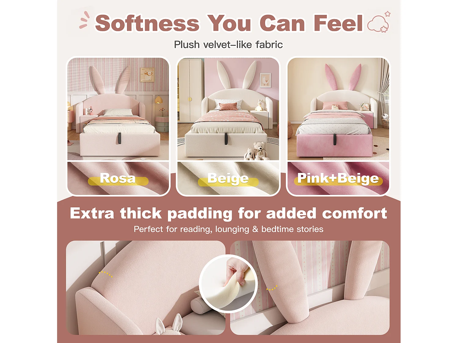 Upholstered storage bed 90x190 cm - with bedside table - rabbit ear headboard - velvet - pink (without mattress)