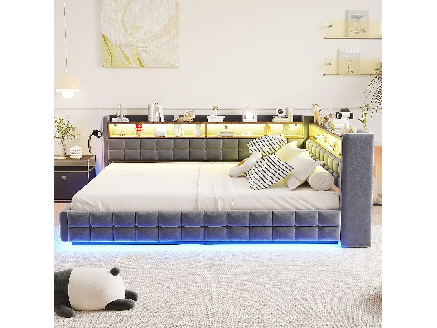 Upholstered Storage Daybed 140 x 200 cm - with LED - with Power Outlet - with USB + Type-C Charging Ports - Dark Grey (mattress not included)