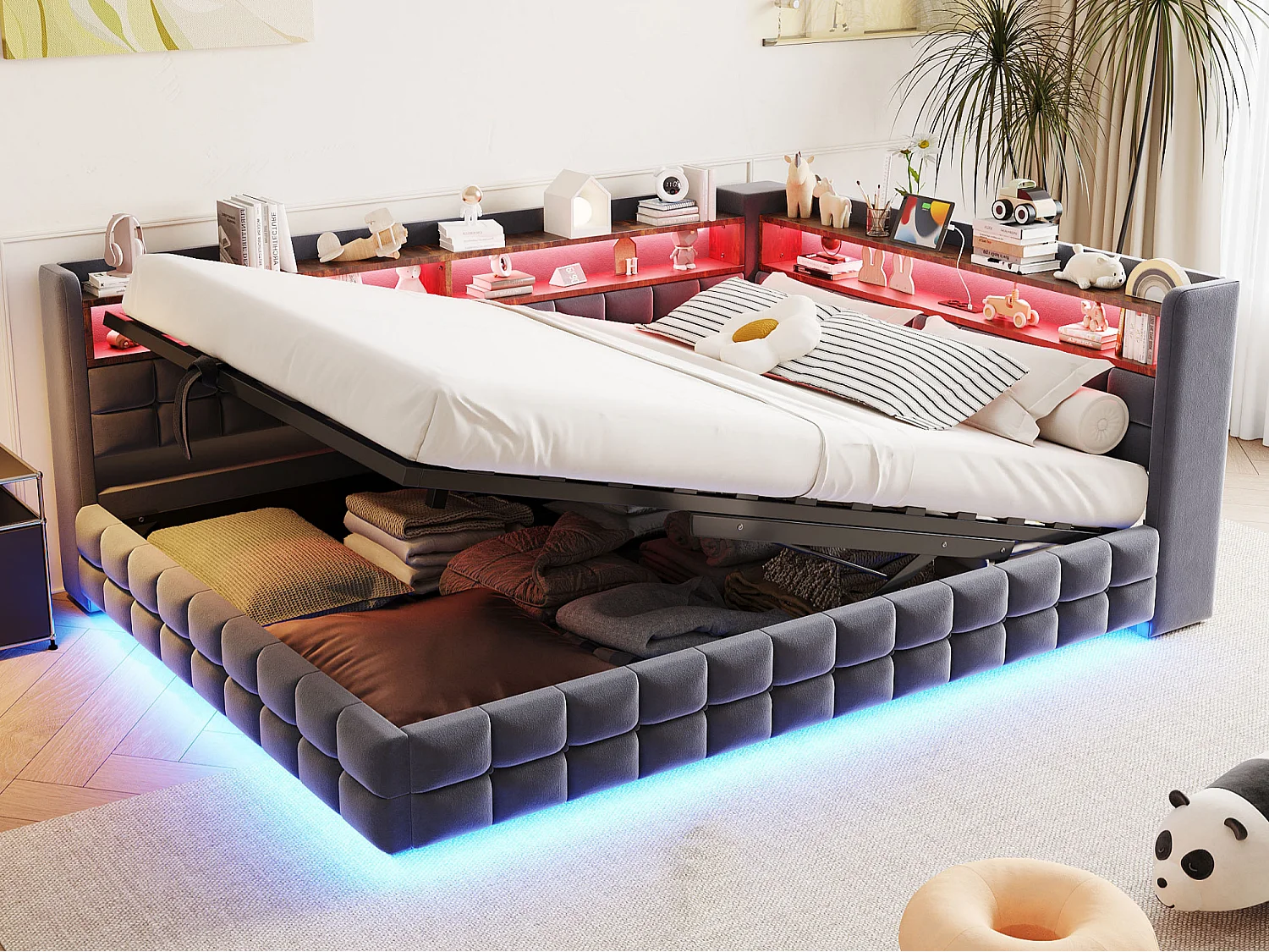 Upholstered Storage Daybed 140 x 200 cm - with LED - with Power Outlet - with USB + Type-C Charging Ports - Dark Grey (mattress not included)