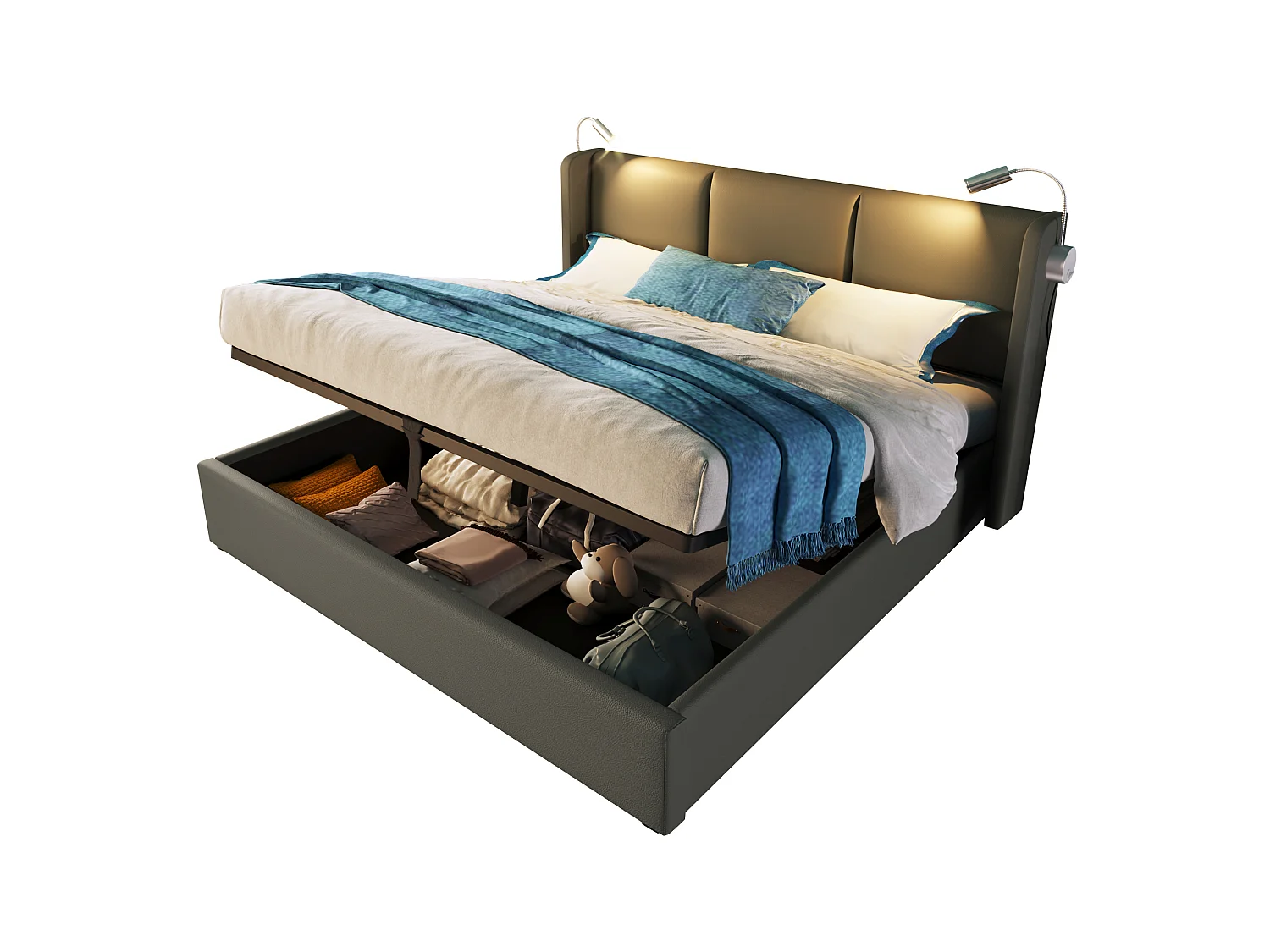 Double storage bed 180x200 cm - With storage space - With LED reading lamp - With 2 USB charging ports - PU - Grey (mattress not included)
