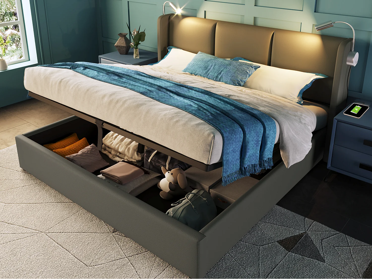 Double storage bed 180x200 cm - With storage space - With LED reading lamp - With 2 USB charging ports - PU - Grey (mattress not included)