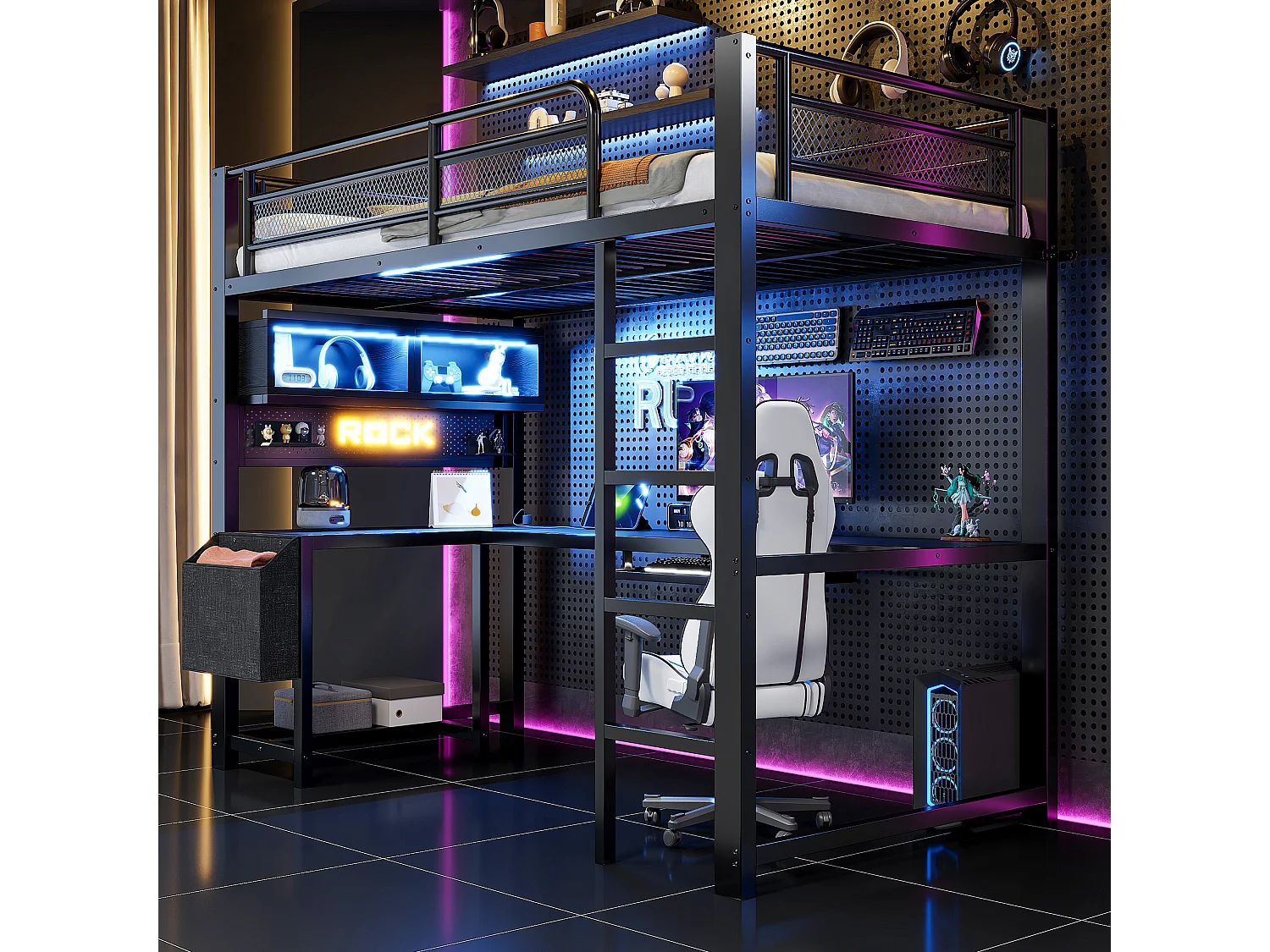 Lit mezzanine en métal 90x200 cm - Avec bureau et compartiments de rangement - LED et port de chargement - Noir