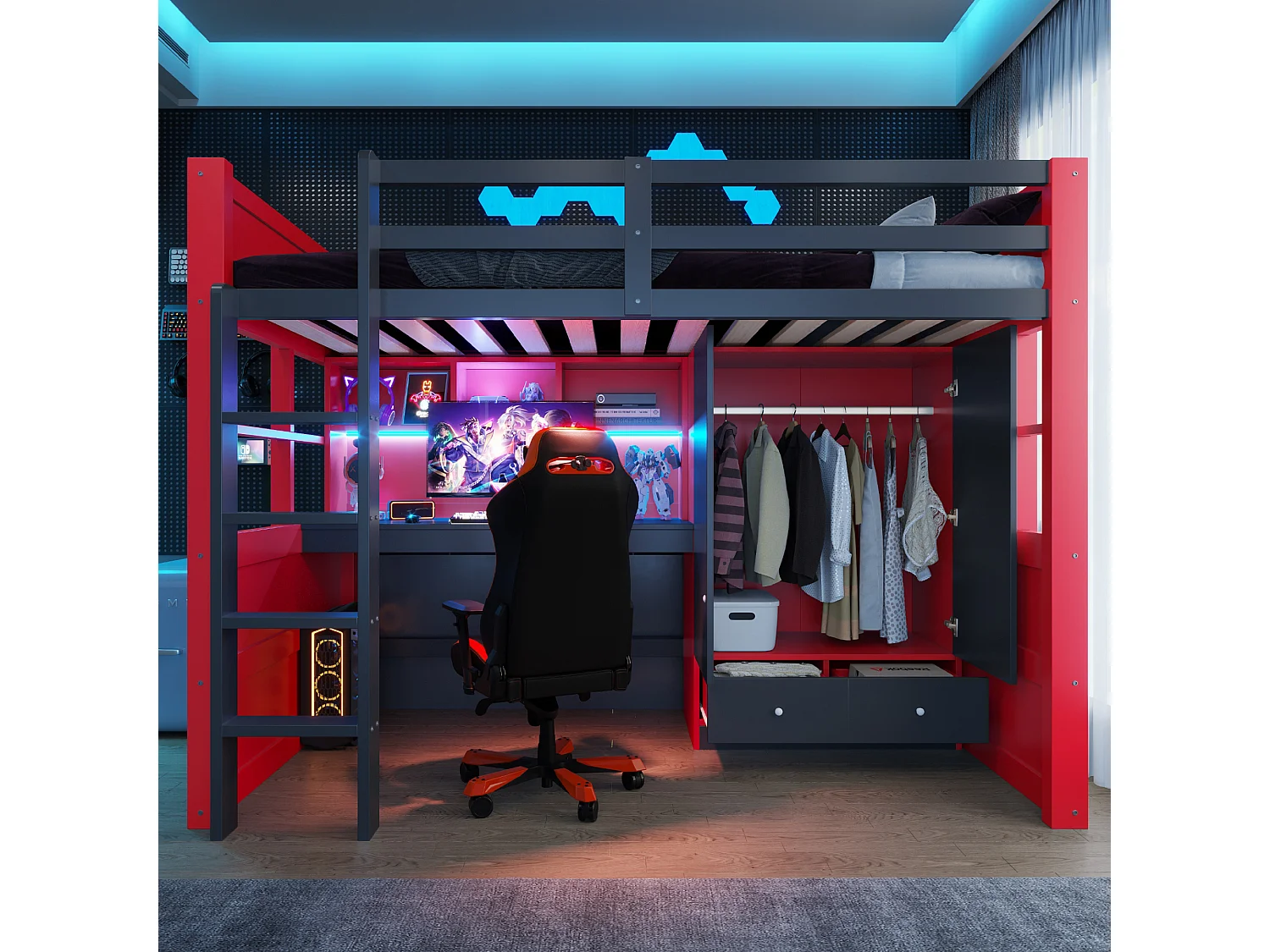 Lit mezzanine 90 x 200 cm - avec échelle - avec table - avec armoire + 2 tiroirs - rouge (matelas non inclus)