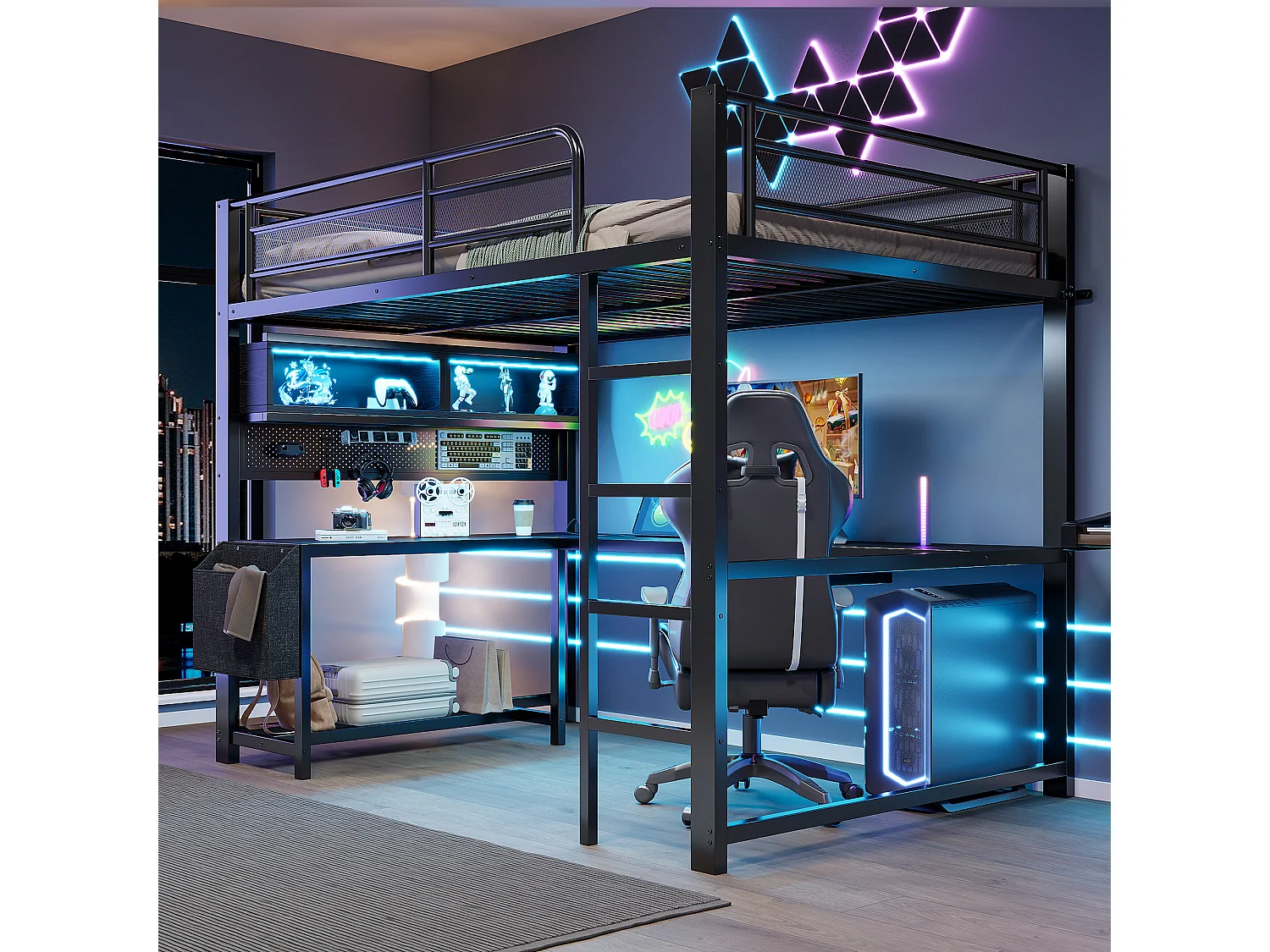 Lit mezzanine en métal 140x200 cm - Avec bureau et compartiments de rangement - LED et port de chargement - Noir