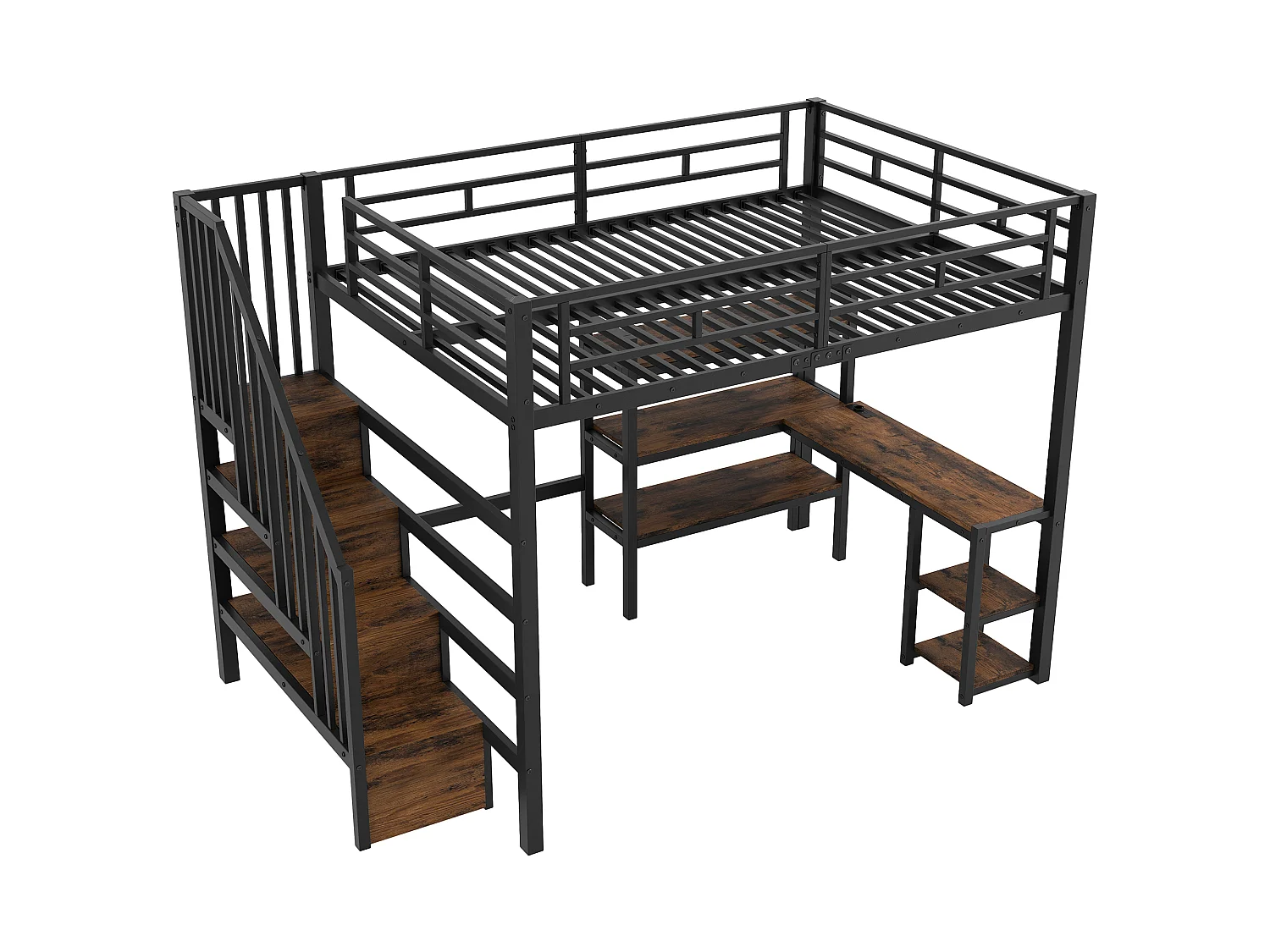 Lit mezzanine en métal 140x200 avec bureau intégré, port USB et LED, noir