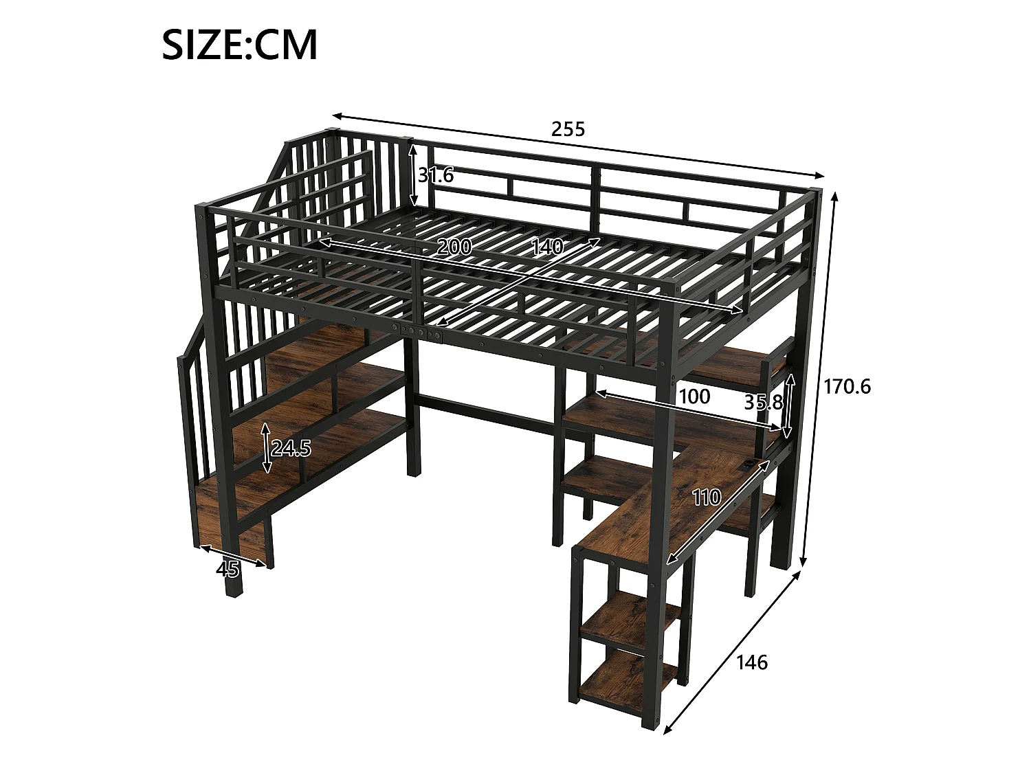 Lit mezzanine en métal 140x200 avec bureau intégré, port USB et LED, noir