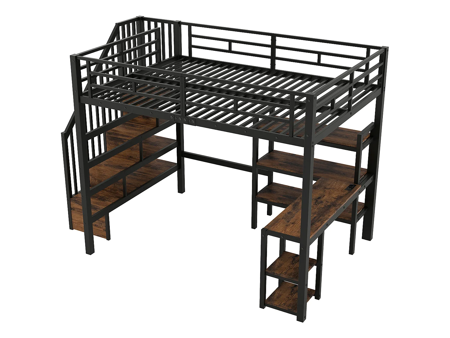Lit mezzanine en métal 140x200 avec bureau intégré, port USB et LED, noir