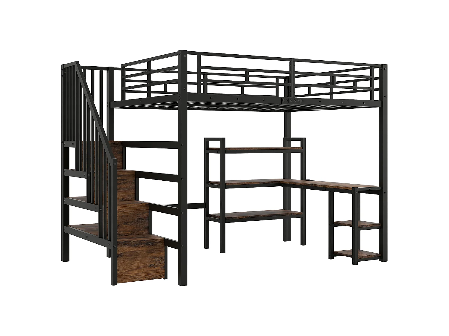 Lit mezzanine en métal 140x200 avec bureau intégré, port USB et LED, noir