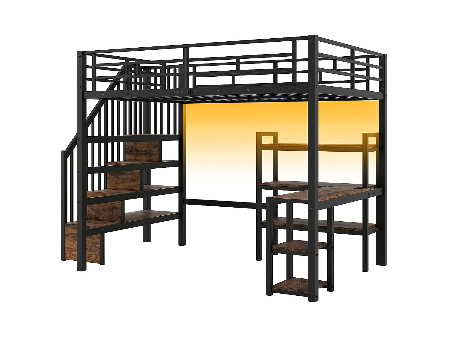 Lit mezzanine en métal 140x200 avec bureau intégré, port USB et LED, noir