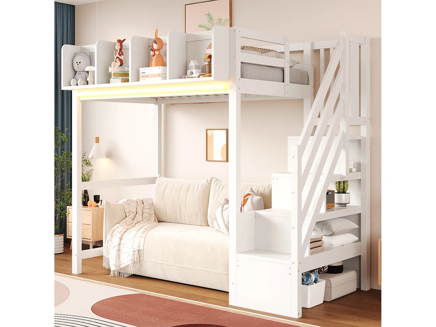 Lit mezzanine 90 x 200 cm - avec barrières de sécurité - avec étagères - avec éclairage LED - avec échelle - blanc (matelas non inclus)