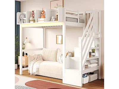 Hoogslaper 90 x 200 cm - met veiligheidshekken - met planken - met LED-verlichting - met ladder - wit (matras niet inbegrepen)