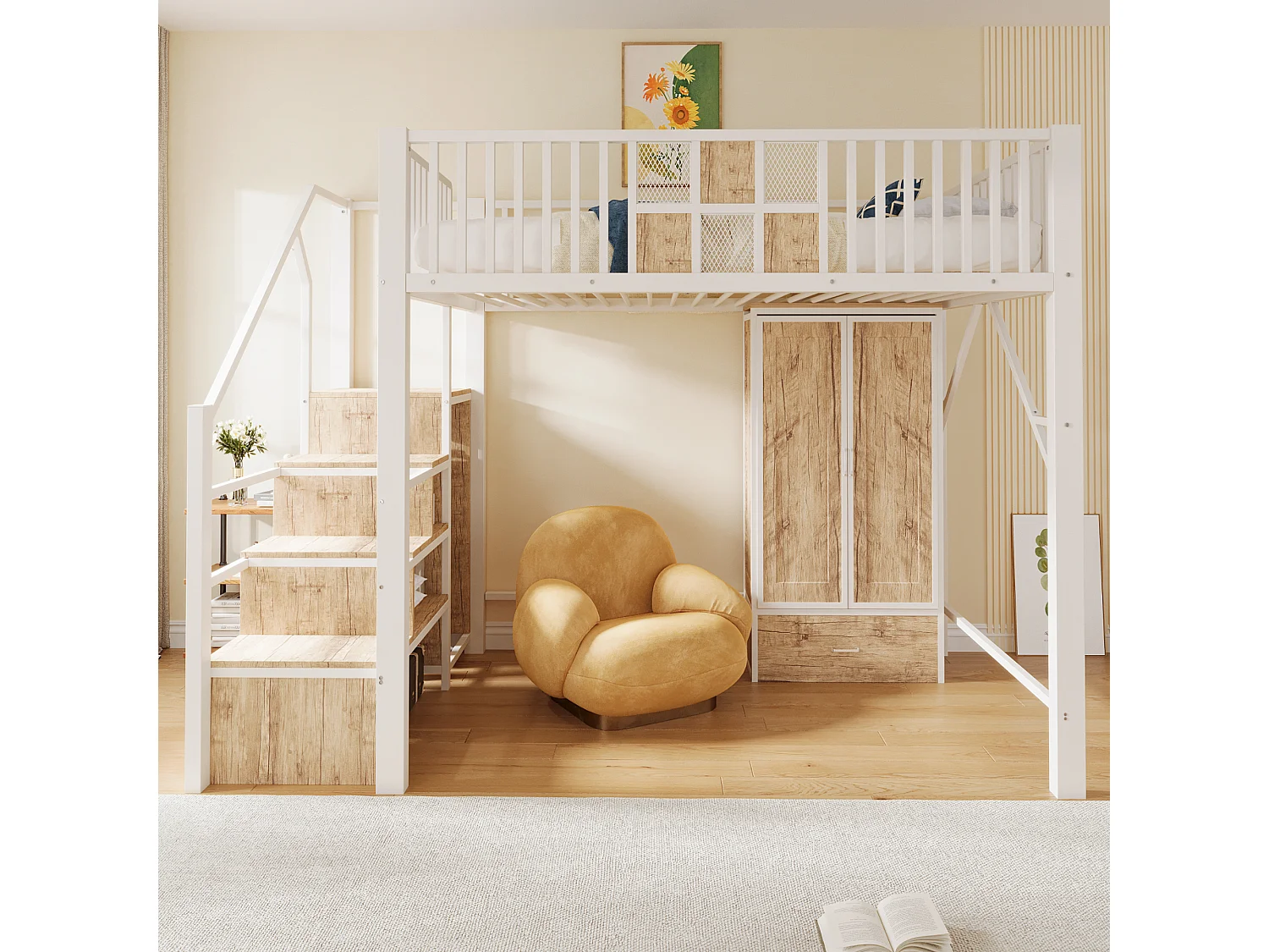 Lit mezzanine en métal 140x200cm - avec barrières de sécurité - avec armoire - avec 1 tiroir + échelle de rangement - Blanc (matelas non inclus)