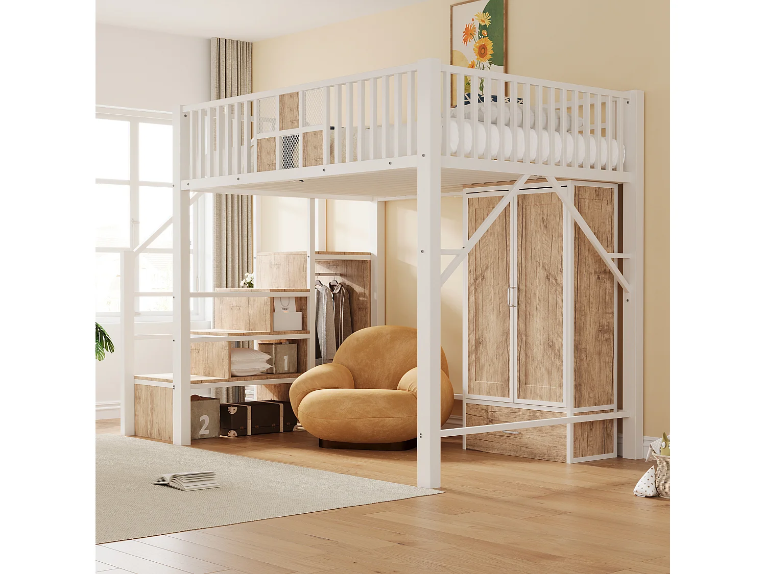 Lit mezzanine en métal 140x200cm - avec barrières de sécurité - avec armoire - avec 1 tiroir + échelle de rangement - Blanc (matelas non inclus)