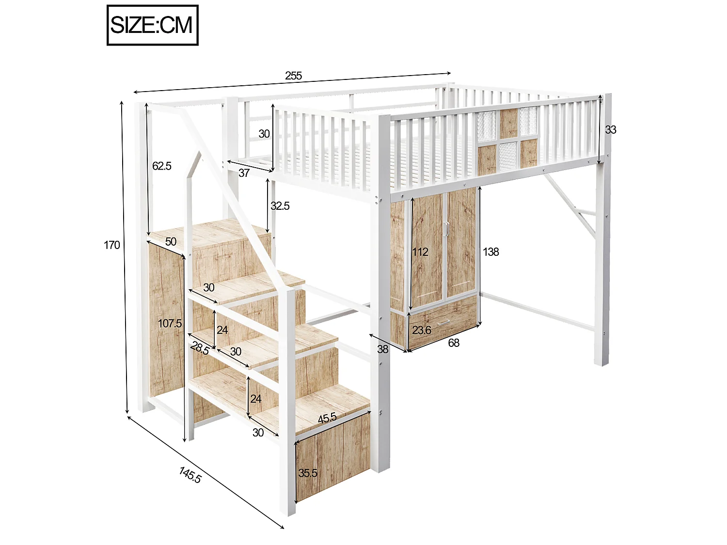 Lit mezzanine en métal 140x200cm - avec barrières de sécurité - avec armoire - avec 1 tiroir + échelle de rangement - Blanc (matelas non inclus)