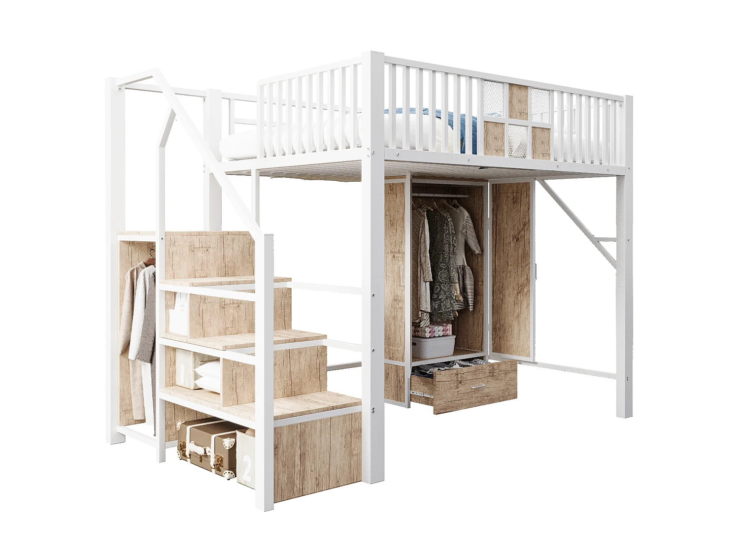 Lit mezzanine en métal 140x200cm - avec barrières de sécurité - avec armoire - avec 1 tiroir + échelle de rangement - Blanc (matelas non inclus)