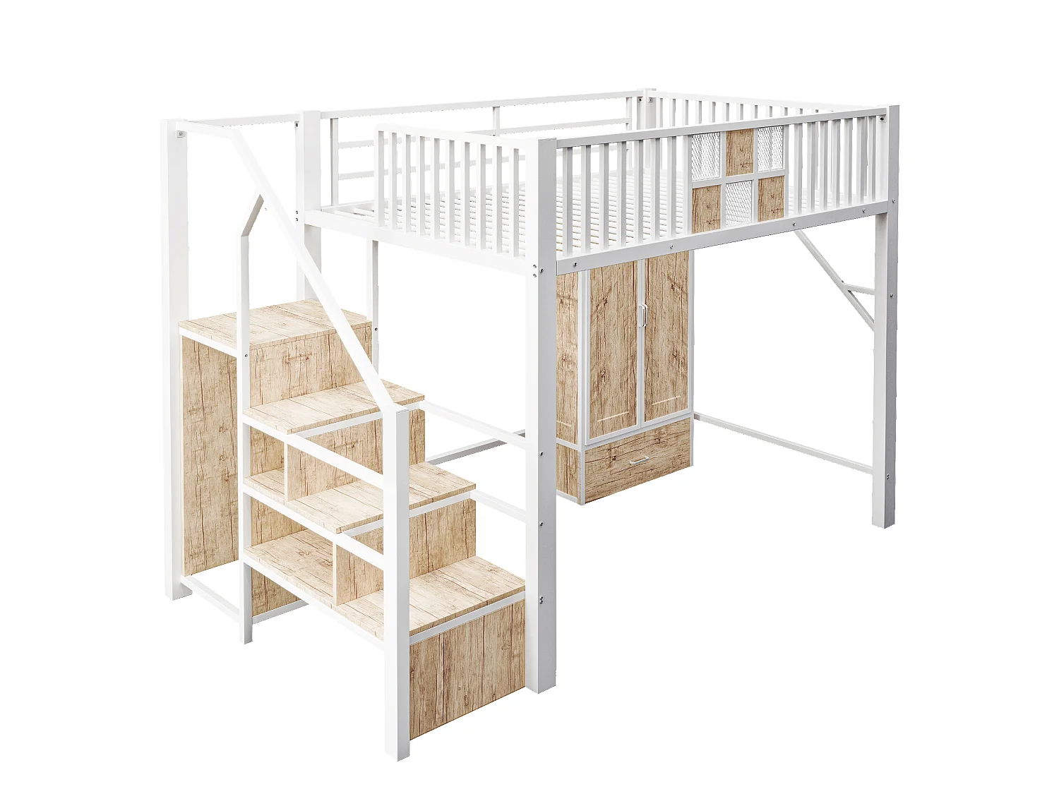 Lit mezzanine en métal 140x200cm - avec barrières de sécurité - avec armoire - avec 1 tiroir + échelle de rangement - Blanc (matelas non inclus)