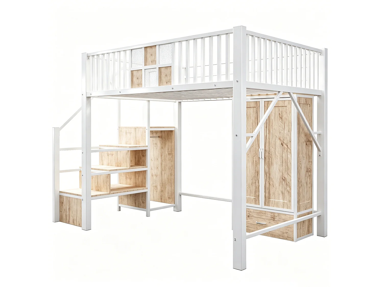 Lit mezzanine en métal 140x200cm - avec barrières de sécurité - avec armoire - avec 1 tiroir + échelle de rangement - Blanc (matelas non inclus)