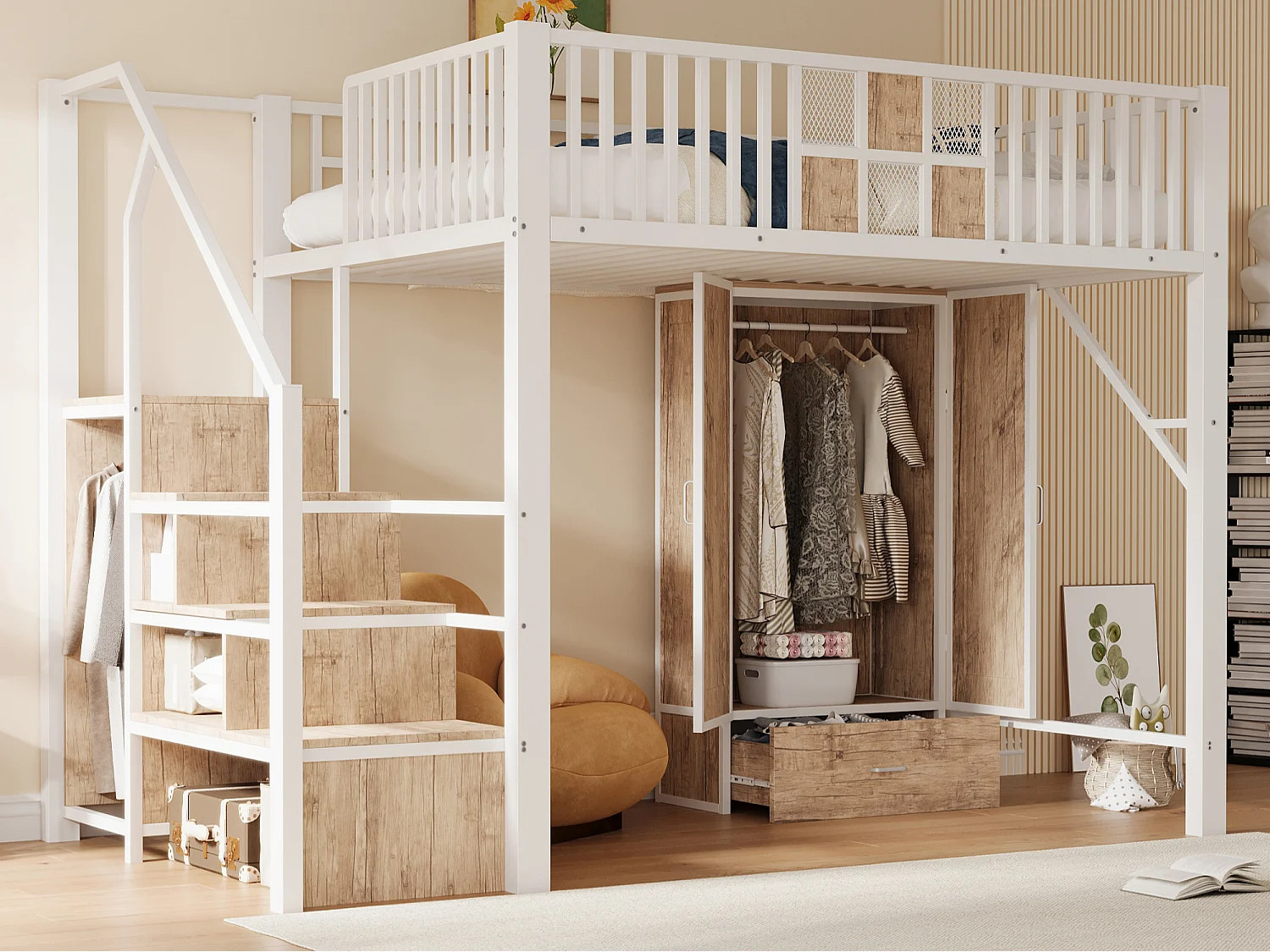 Lit mezzanine en métal 140x200cm - avec barrières de sécurité - avec armoire - avec 1 tiroir + échelle de rangement - Blanc (matelas non inclus)