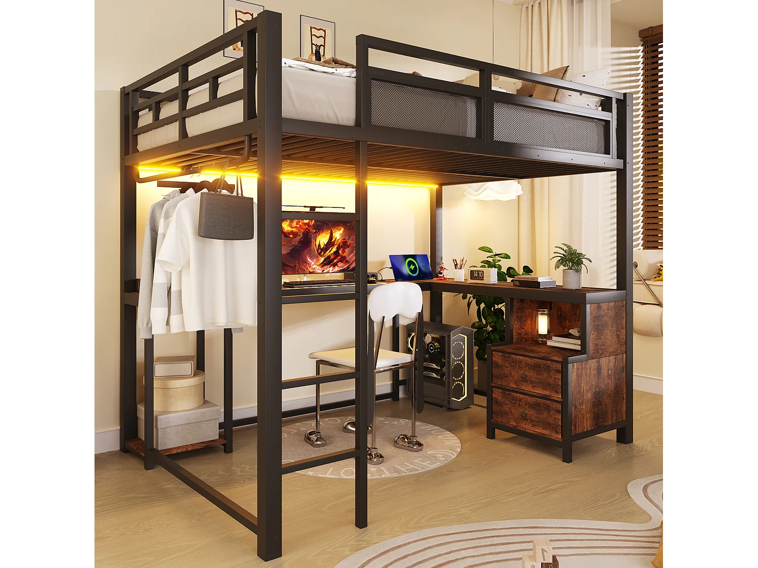 Lit mezzanine en métal 140x200 cm - Éclairage LED, port de chargement USB - Bureau et étagères de rangement - Noir (sans matelas)