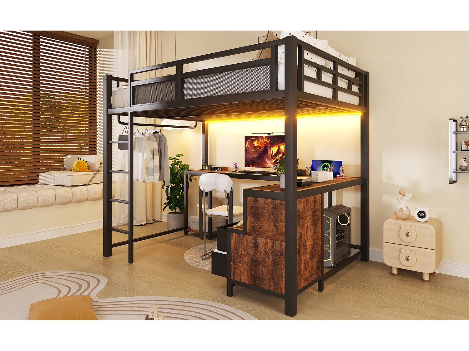 Lit mezzanine en métal 140x200 cm - Éclairage LED, port de chargement USB - Bureau et étagères de rangement - Noir (sans matelas)