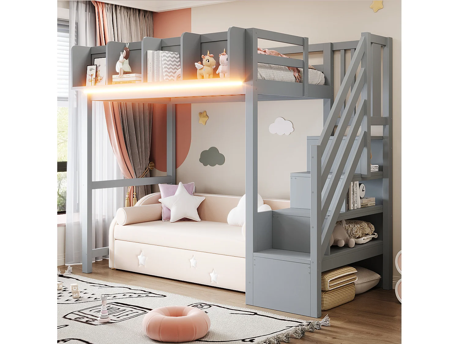 Hochbett 90 x 200 cm - mit Sicherheitsgeländern - mit Regalen - mit LED-Beleuchtung - mit Leiter - grau (Matratze nicht enthalten)