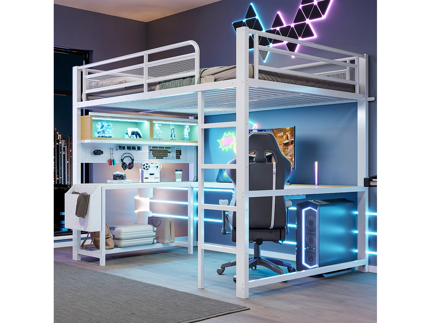 Lit mezzanine en métal 140x200 cm - Avec bureau et compartiments de rangement - LED et port de chargement - Blanc