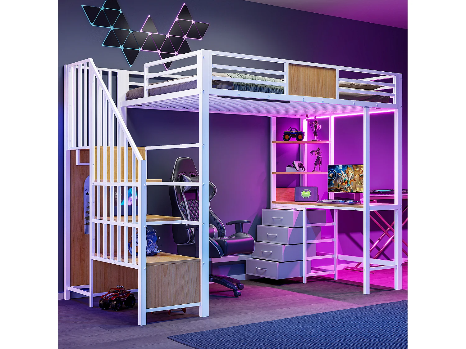 Lit mezzanine en métal 90x200 mm - avec bureau - compartiments de rangement - penderie - éclairage LED + prise électrique - blanc