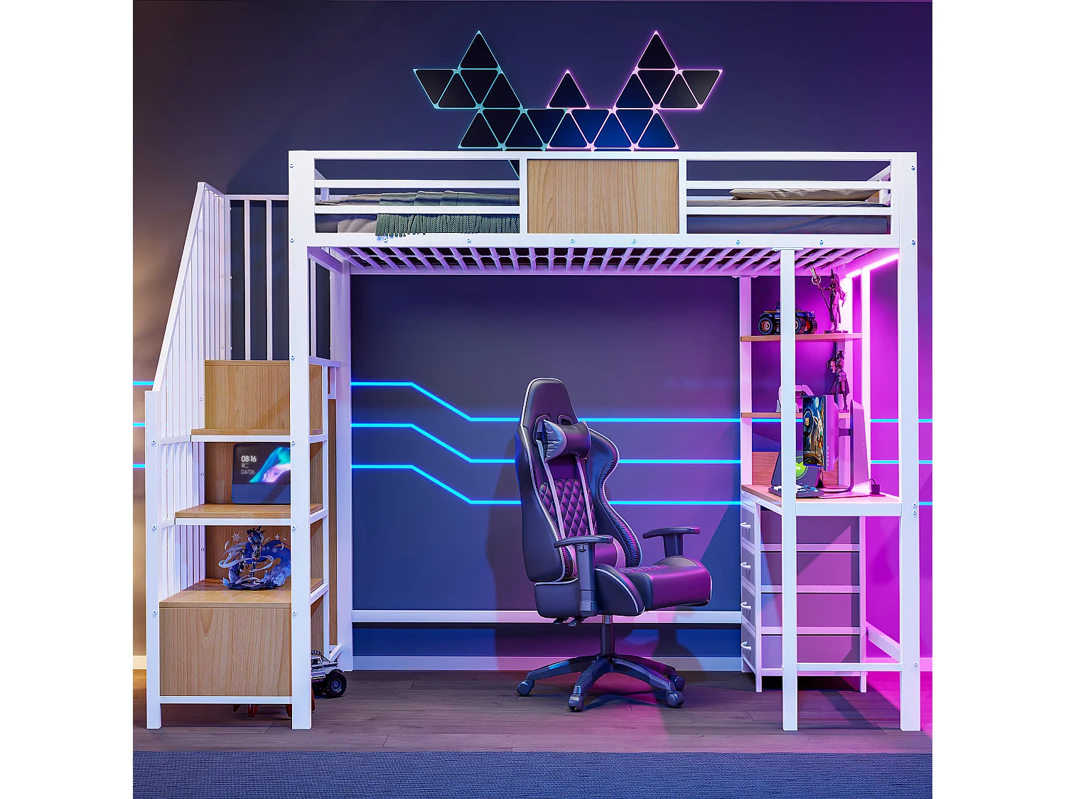 Lit mezzanine en métal 90x200 mm - avec bureau - compartiments de rangement - penderie - éclairage LED + prise électrique - blanc