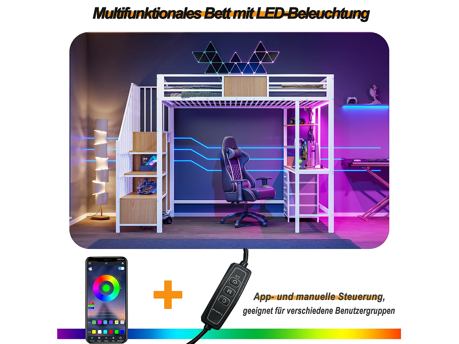 Lit mezzanine en métal 90x200 mm - avec bureau - compartiments de rangement - penderie - éclairage LED + prise électrique - blanc