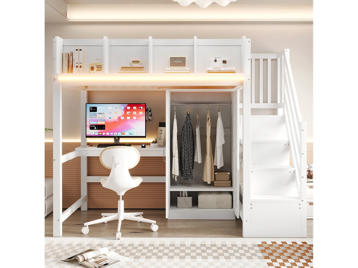 Lit mezzanine  90 x 200 cm - avec bureau - avec armoire + échelle de rangement - avec éclairage LED - avec prise électrique - blanc