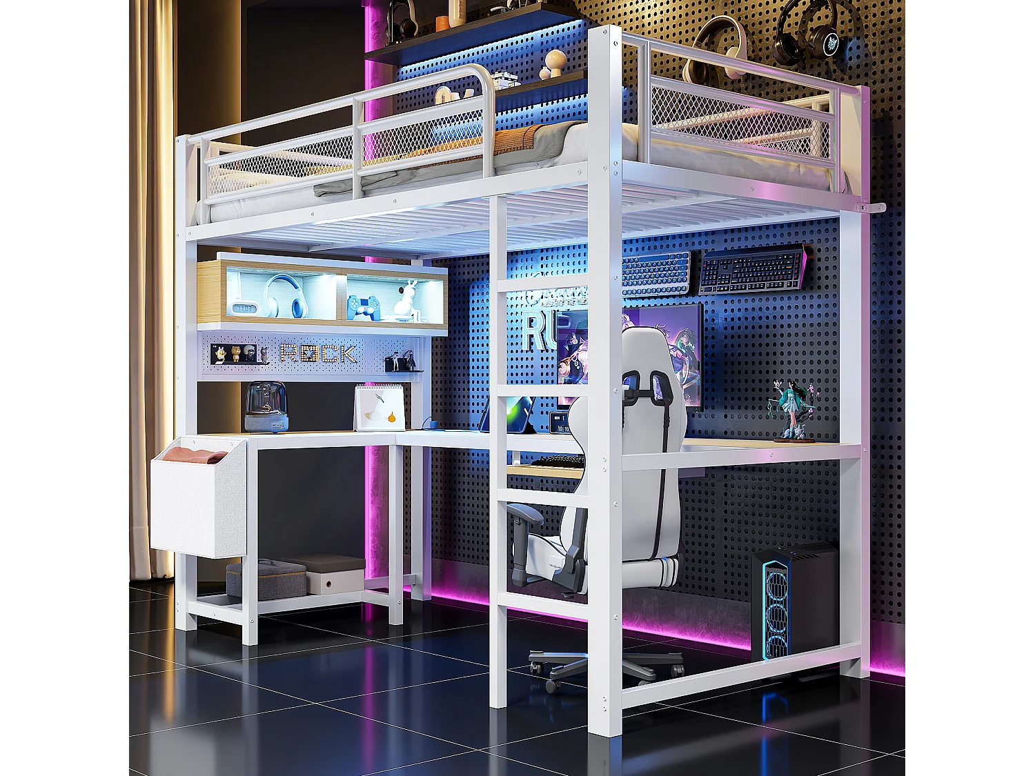 Lit mezzanine en métal 90x200 cm - Avec bureau et compartiments de rangement - LED et port de chargement - Blanc