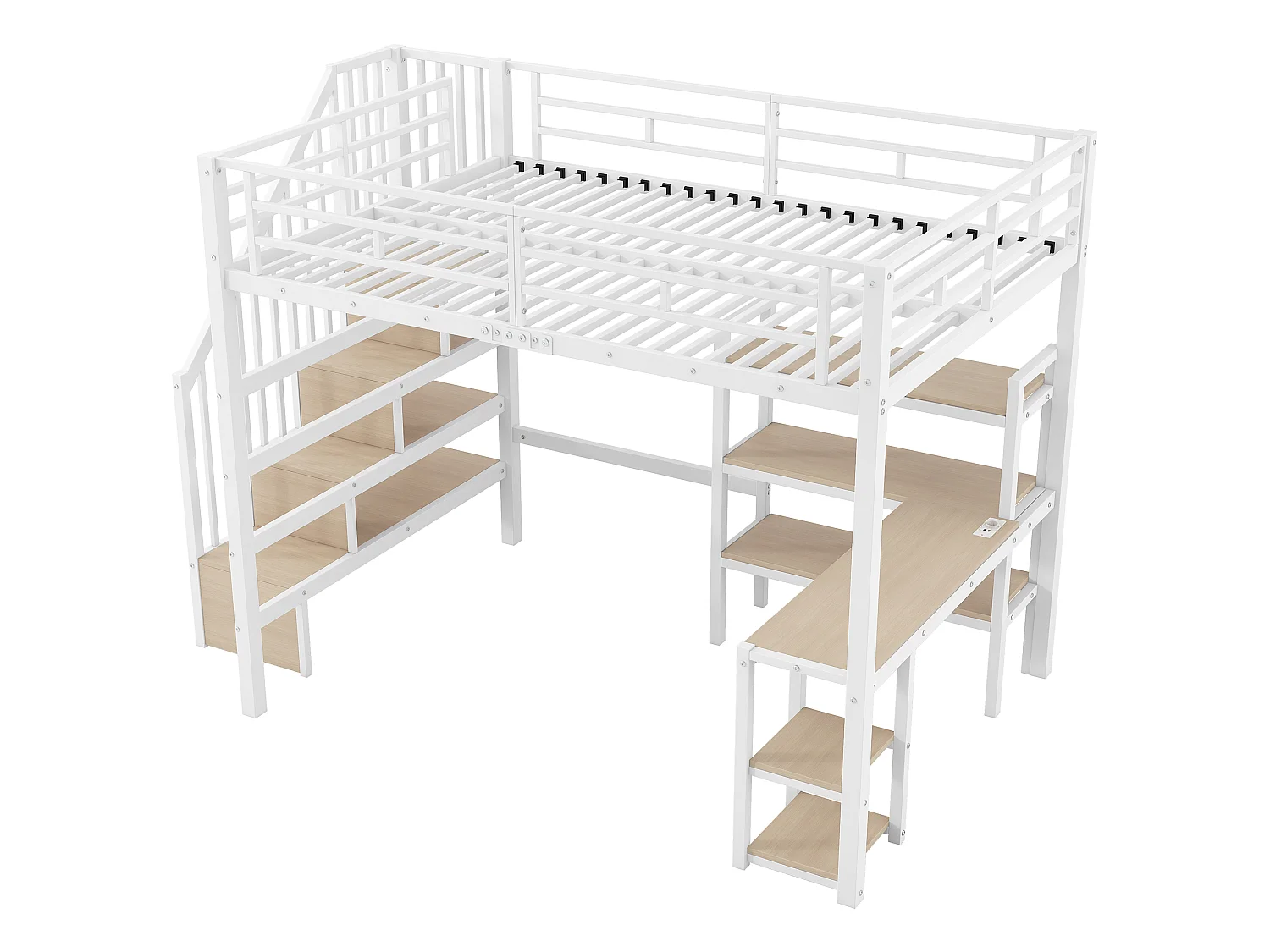 Lit mezzanine en métal 140x200 avec bureau intégré, port USB et LED, blanc