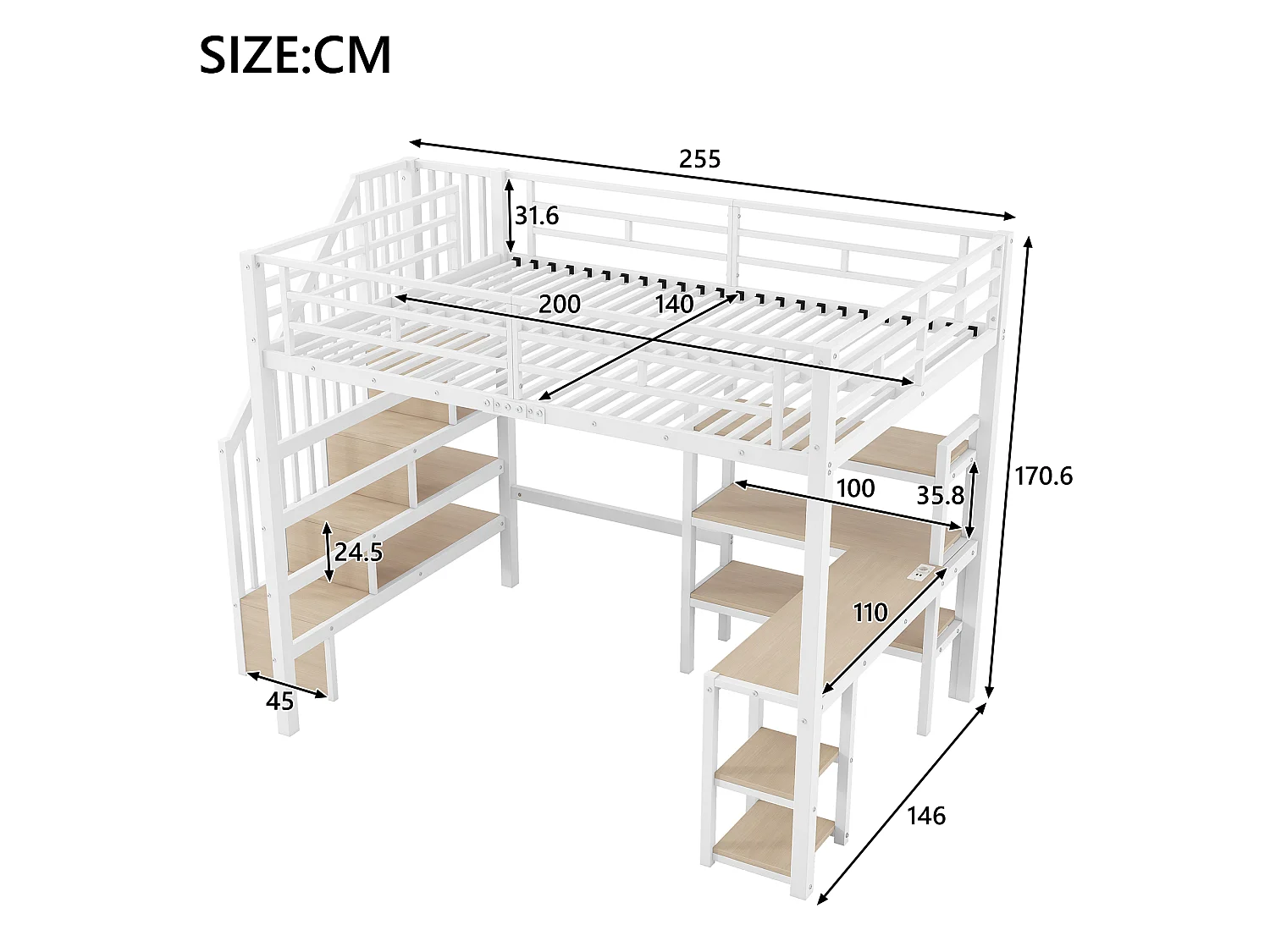 Lit mezzanine en métal 140x200 avec bureau intégré, port USB et LED, blanc