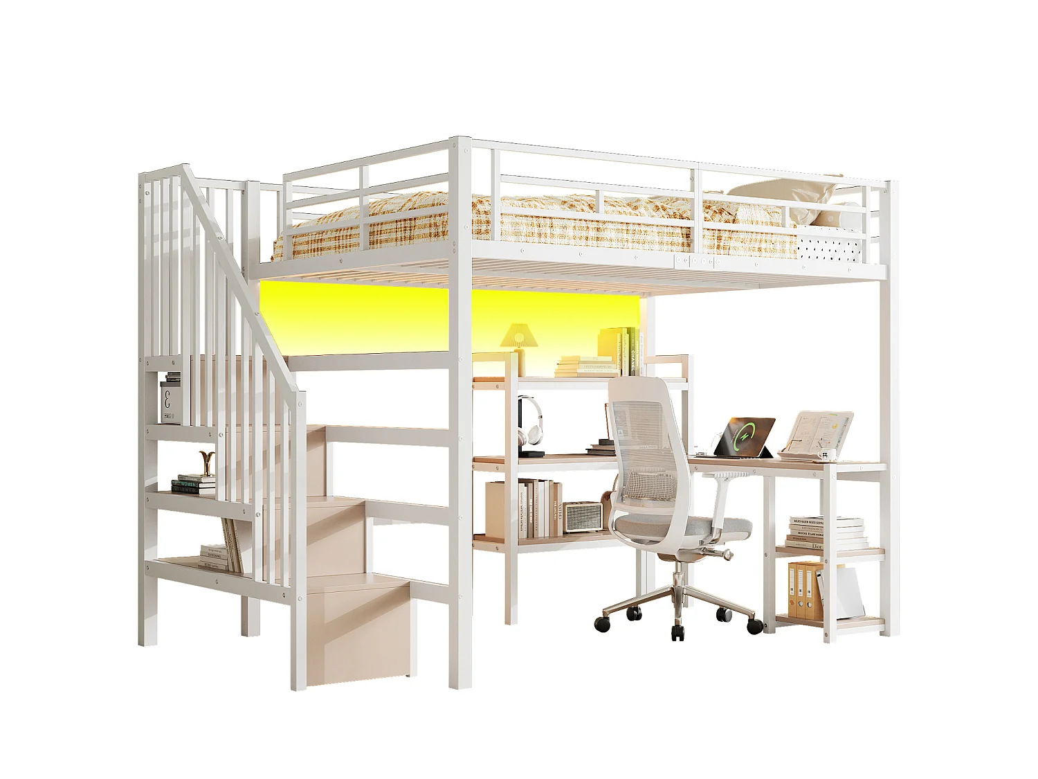 Lit mezzanine en métal 140x200 avec bureau intégré, port USB et LED, blanc