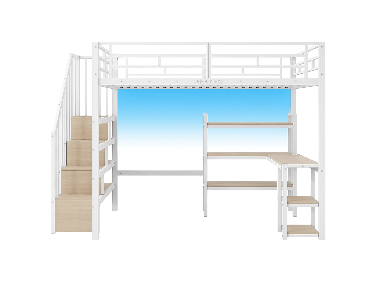 Lit mezzanine en métal 140x200 avec bureau intégré, port USB et LED, blanc