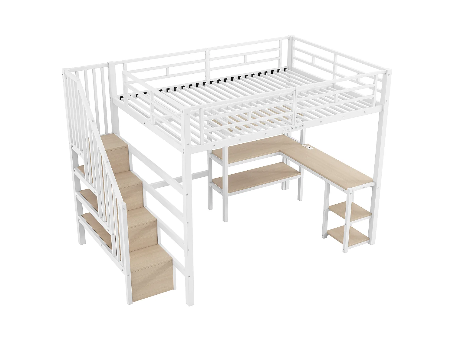 Lit mezzanine en métal 140x200 avec bureau intégré, port USB et LED, blanc
