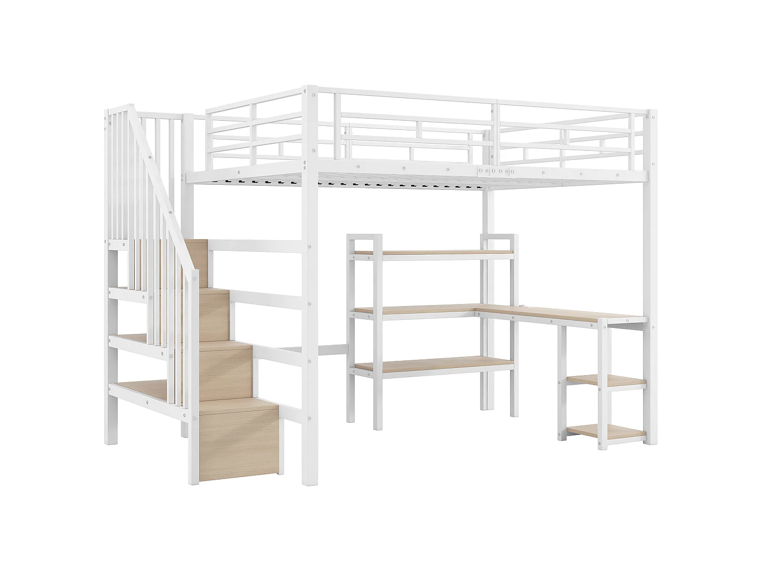 Lit mezzanine en métal 140x200 avec bureau intégré, port USB et LED, blanc