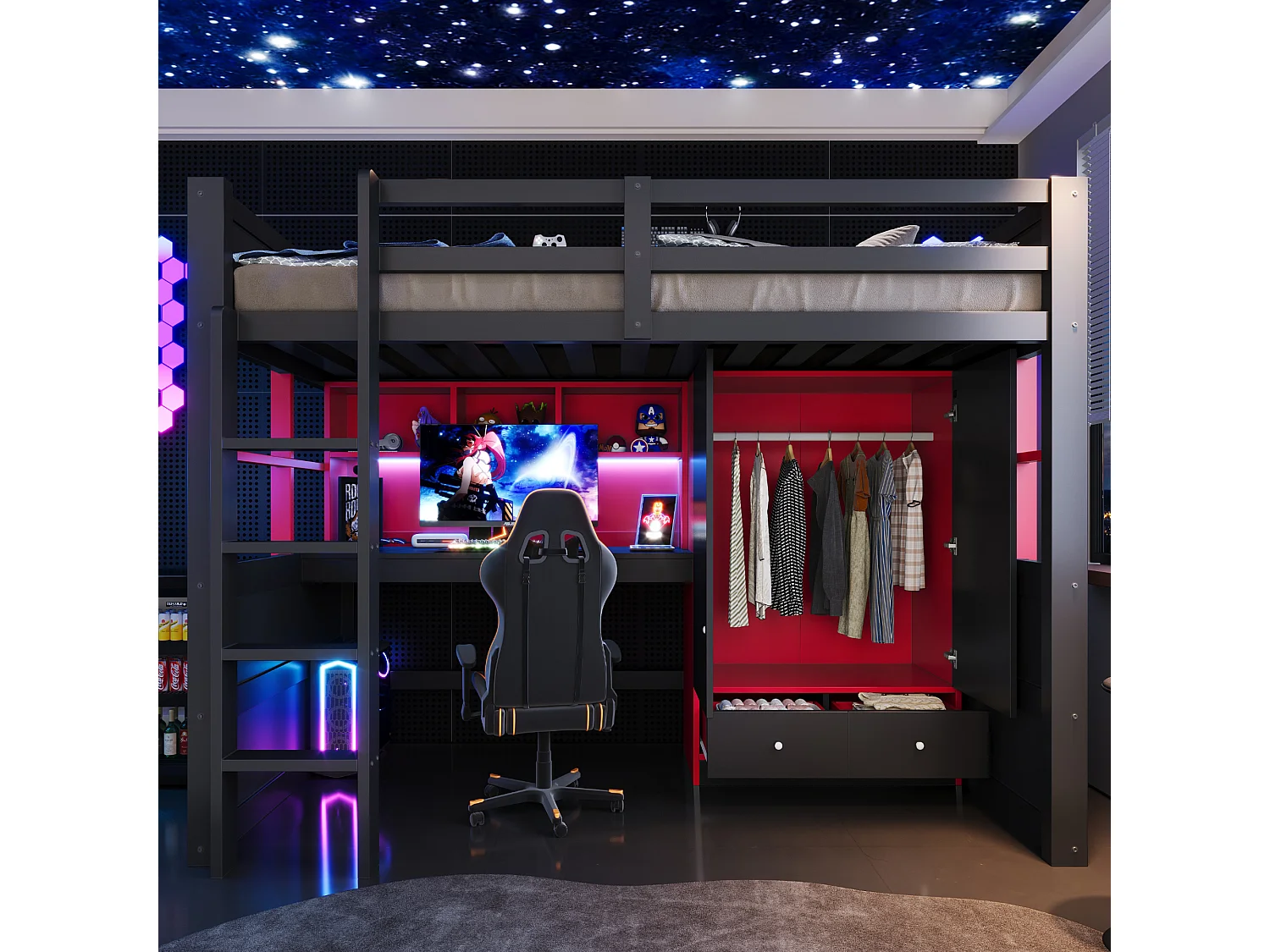 Lit mezzanine 90 x 200 cm - avec échelle - avec table - avec armoire + 2 tiroirs - noir (matelas non inclus)