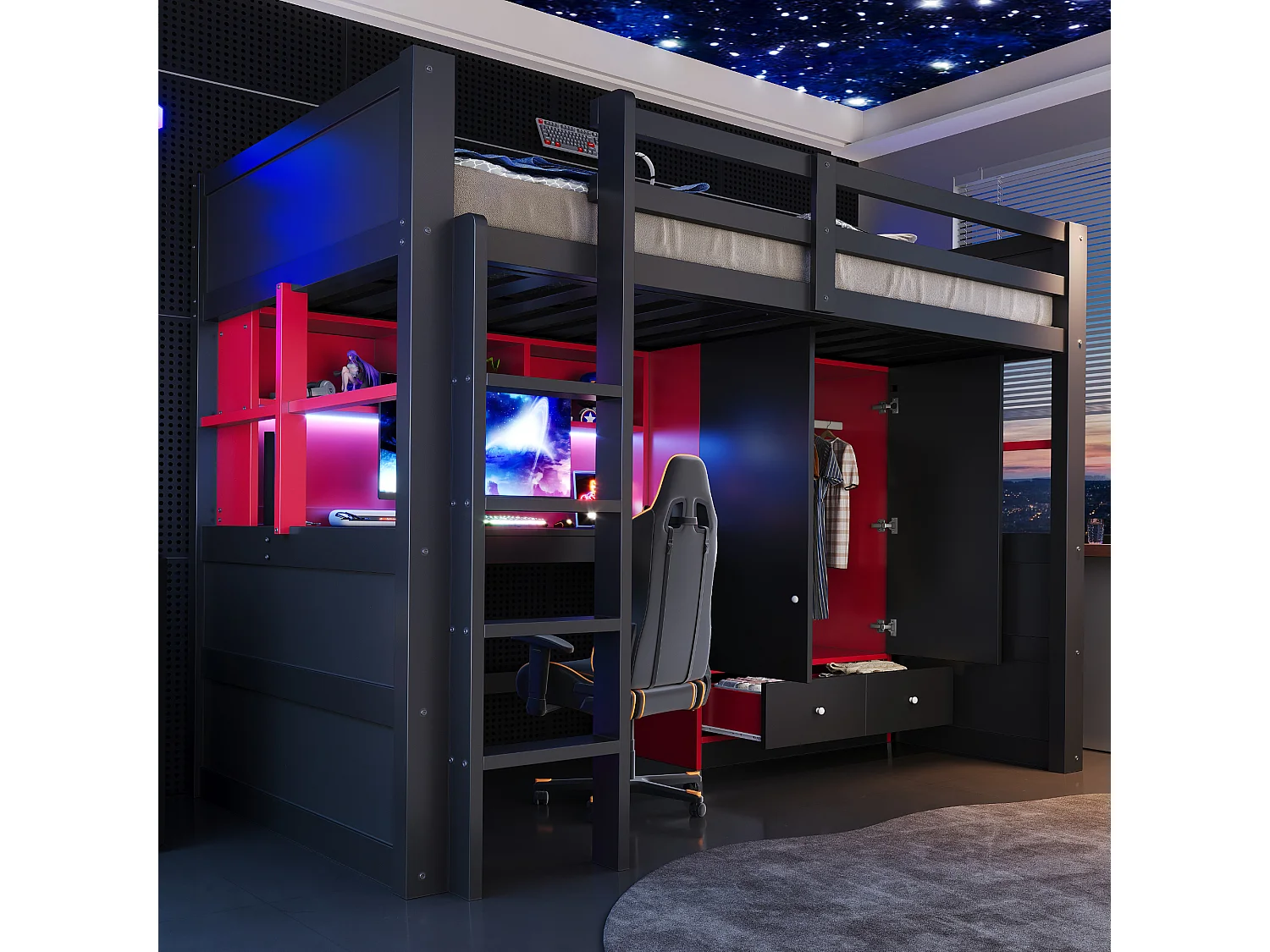 Lit mezzanine 90 x 200 cm - avec échelle - avec table - avec armoire + 2 tiroirs - noir (matelas non inclus)
